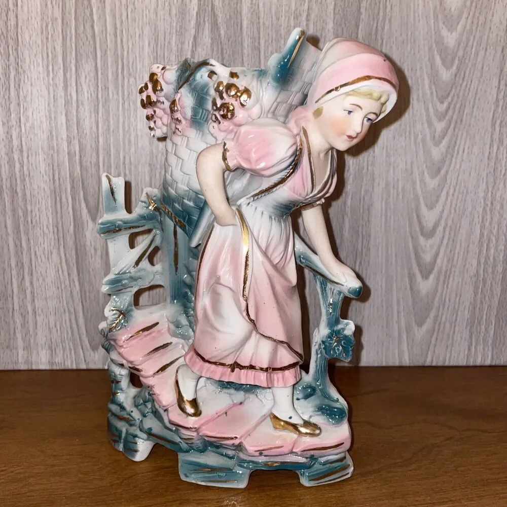Antique Victorian Figural Spill Vase Girl With Basket Hand Painted Gold Trim DEP